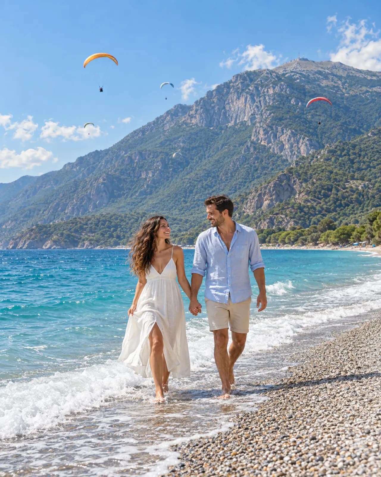 Ölüdeniz sahilinde el ele yürüyen çift, arkada Babadağ ve yamaç paraşütçüleri