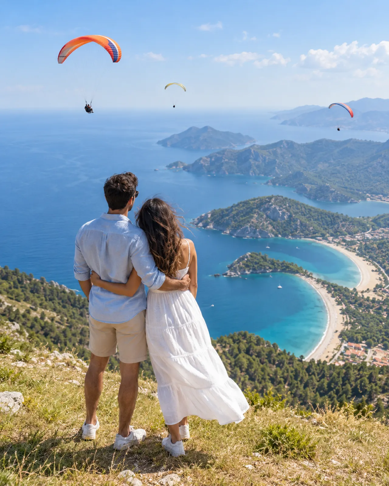 Babadağ'dan Ölüdeniz lagününe bakan çift, havada yamaç paraşütçüleri