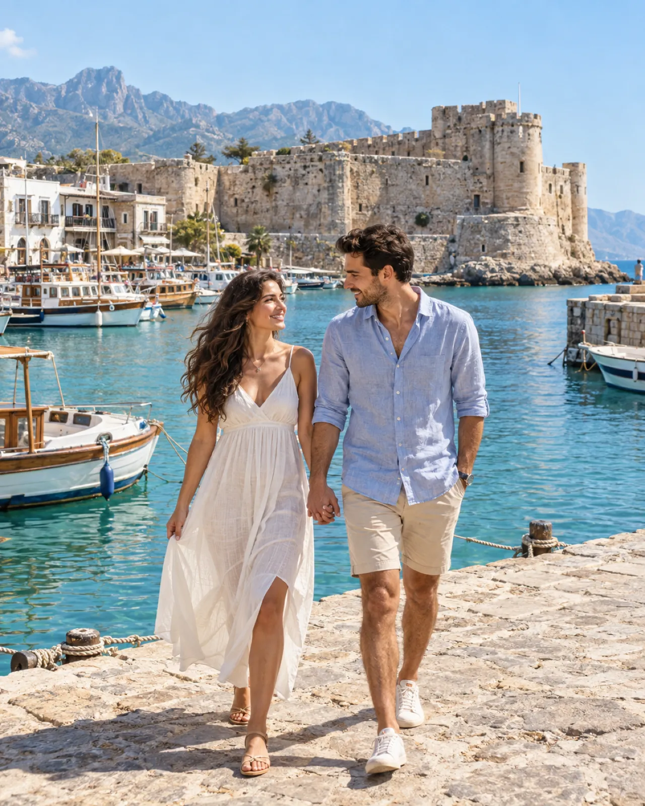 Girne limanında el ele yürüyen çift, arkada Girne Kalesi