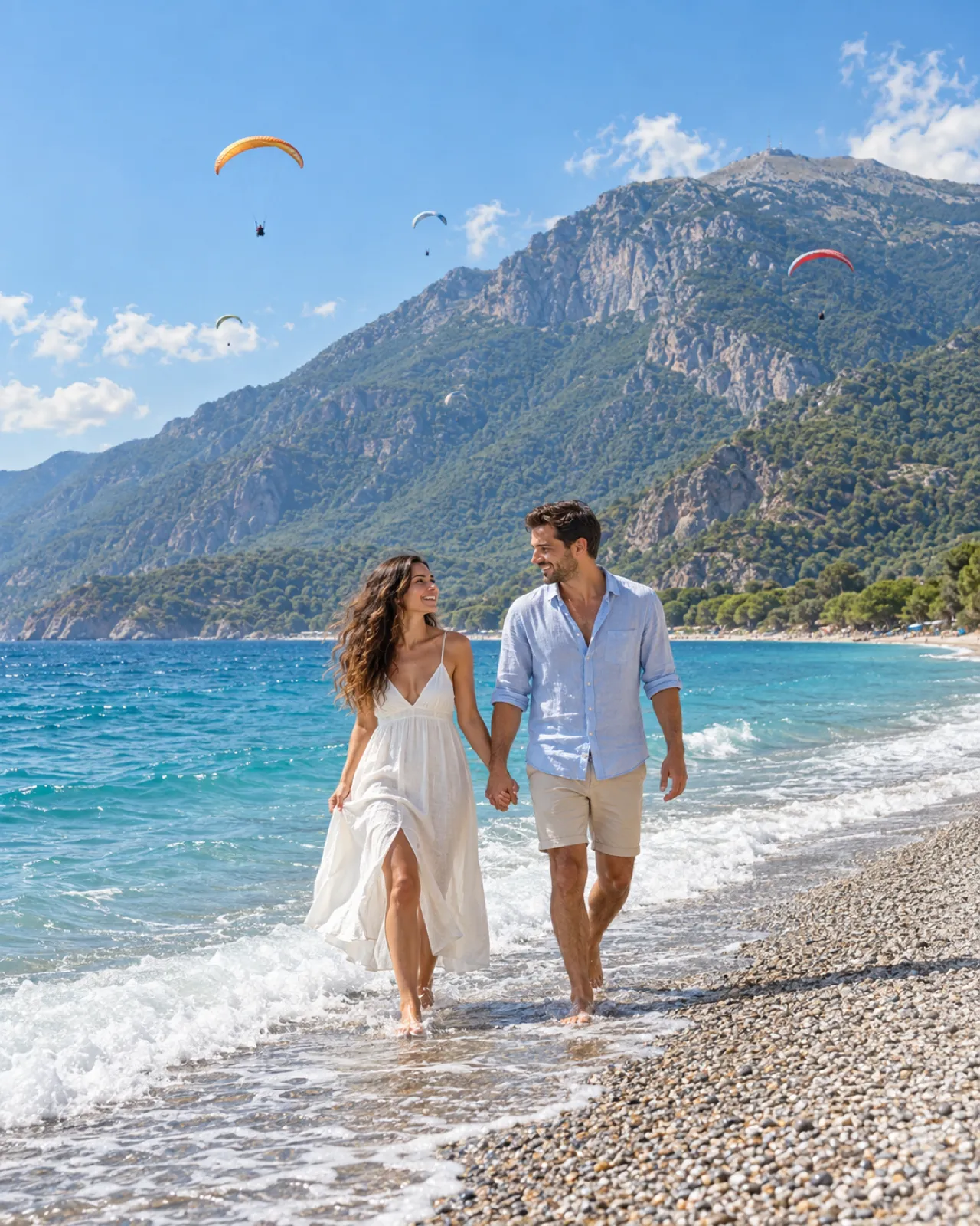 Ölüdeniz sahilinde el ele yürüyen çift, arkada Babadağ ve yamaç paraşütçüleri