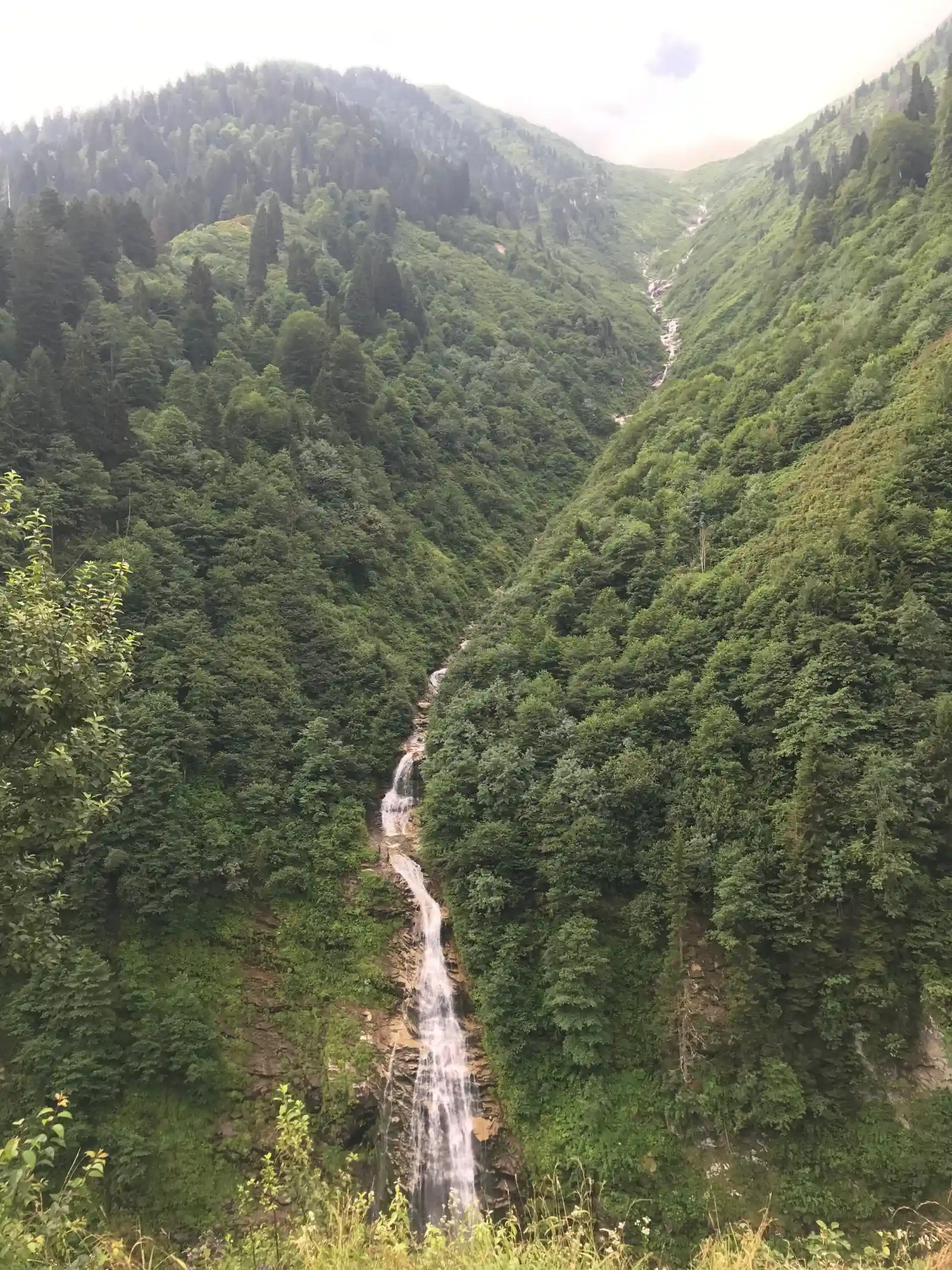Ayder Yaylası'nda yemyeşil vadiye dökülen ince ve uzun Gelin Tülü Şelalesi
